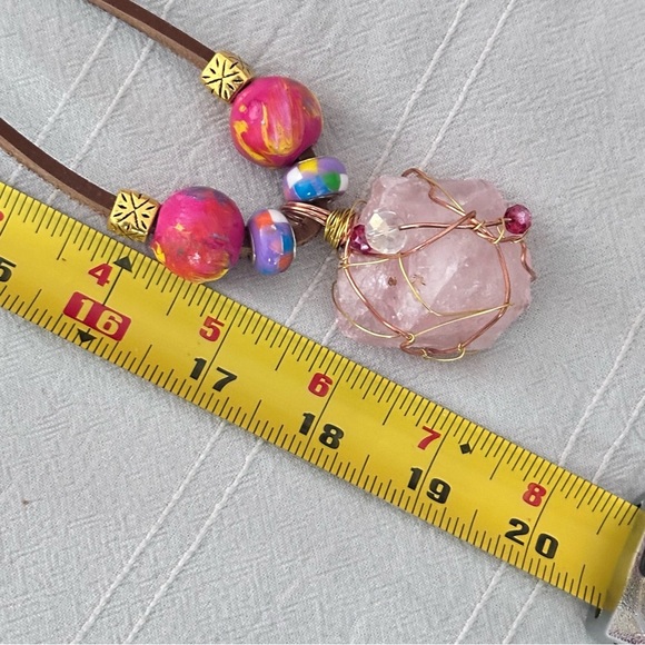 Pink Quartz Crystal Wire Wrapped Stone Pendant Necklace Handmade Leather Cord - Picture 10 of 12